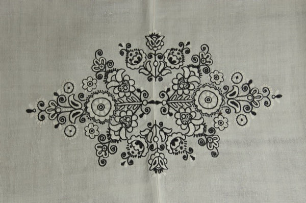 Black White Floral Embroidered Antique Tablecloth Detail