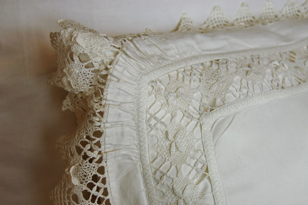 Antique White Linen Sham with Crochet Inserts and Lace Edges
