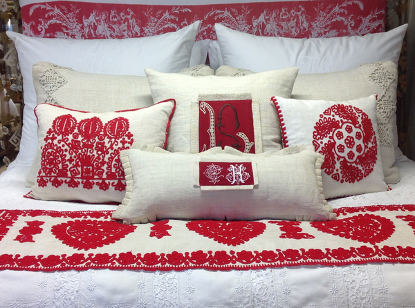 Antique Red Embroidered LS Linen Pillow Cover