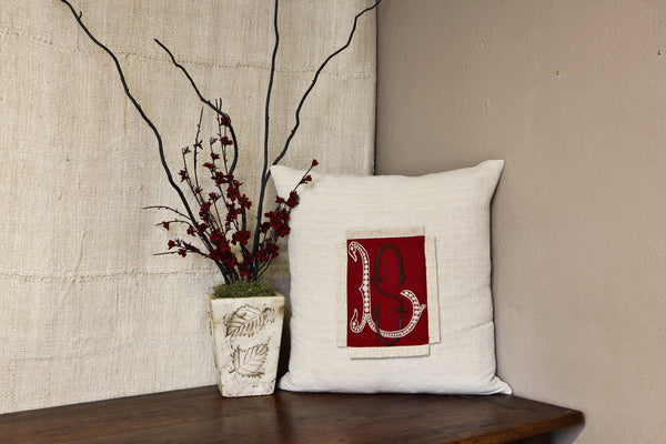 Antique Red Embroidered LS Linen Pillow Cover