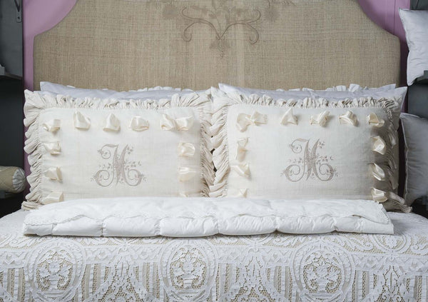 Euroking Linen Pillow Sham with Large Ruffles and Ribbons