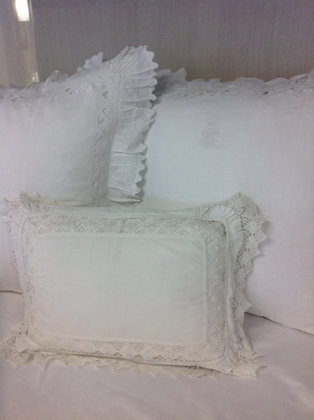 Antique White Linen Sham with Crochet Inserts and Lace Edges