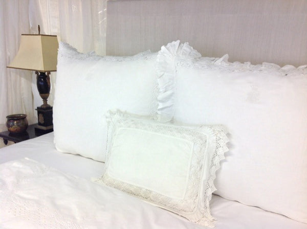 Antique White Linen Sham with Crochet Inserts and Lace Edges
