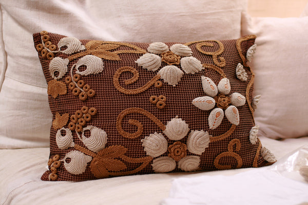 Antique Raised Flower Linen Pillow Cover