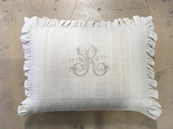 Ruffled Linen Euroking Pillow with R monogram